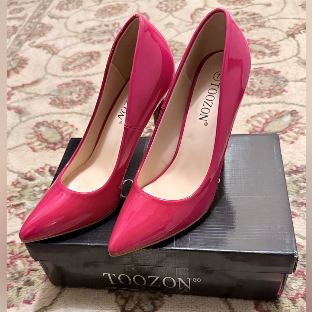 Toozon Vibrant Red Vegan Patent Leather 4 Inch Stiletto Heels Pointed Toes Sz 7